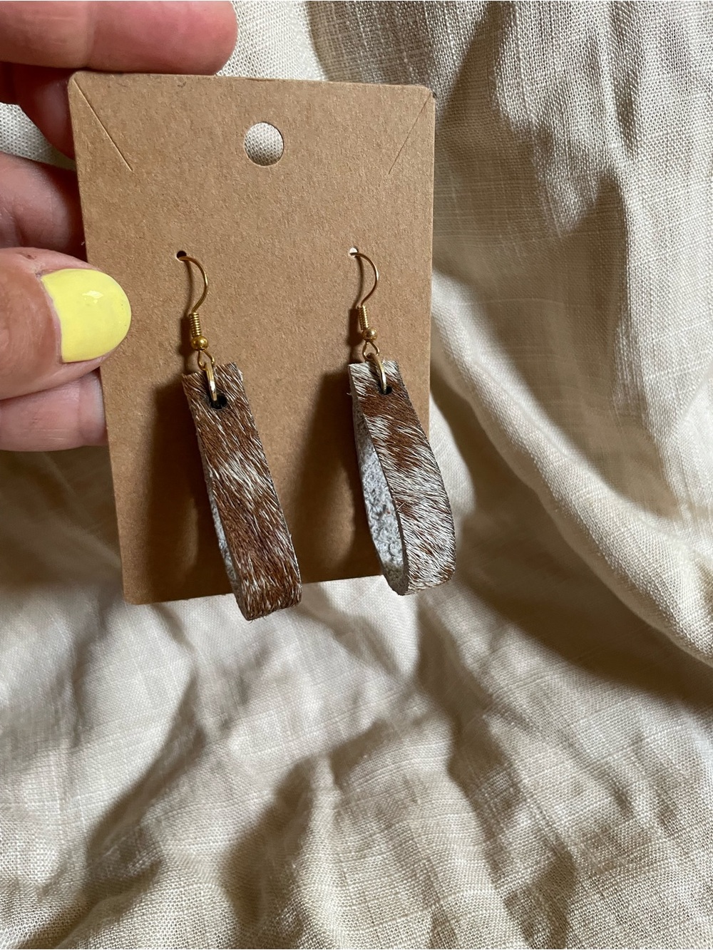 One of a Kind Brown Cowhide Leather Drop Earrings - Women Jewelry
